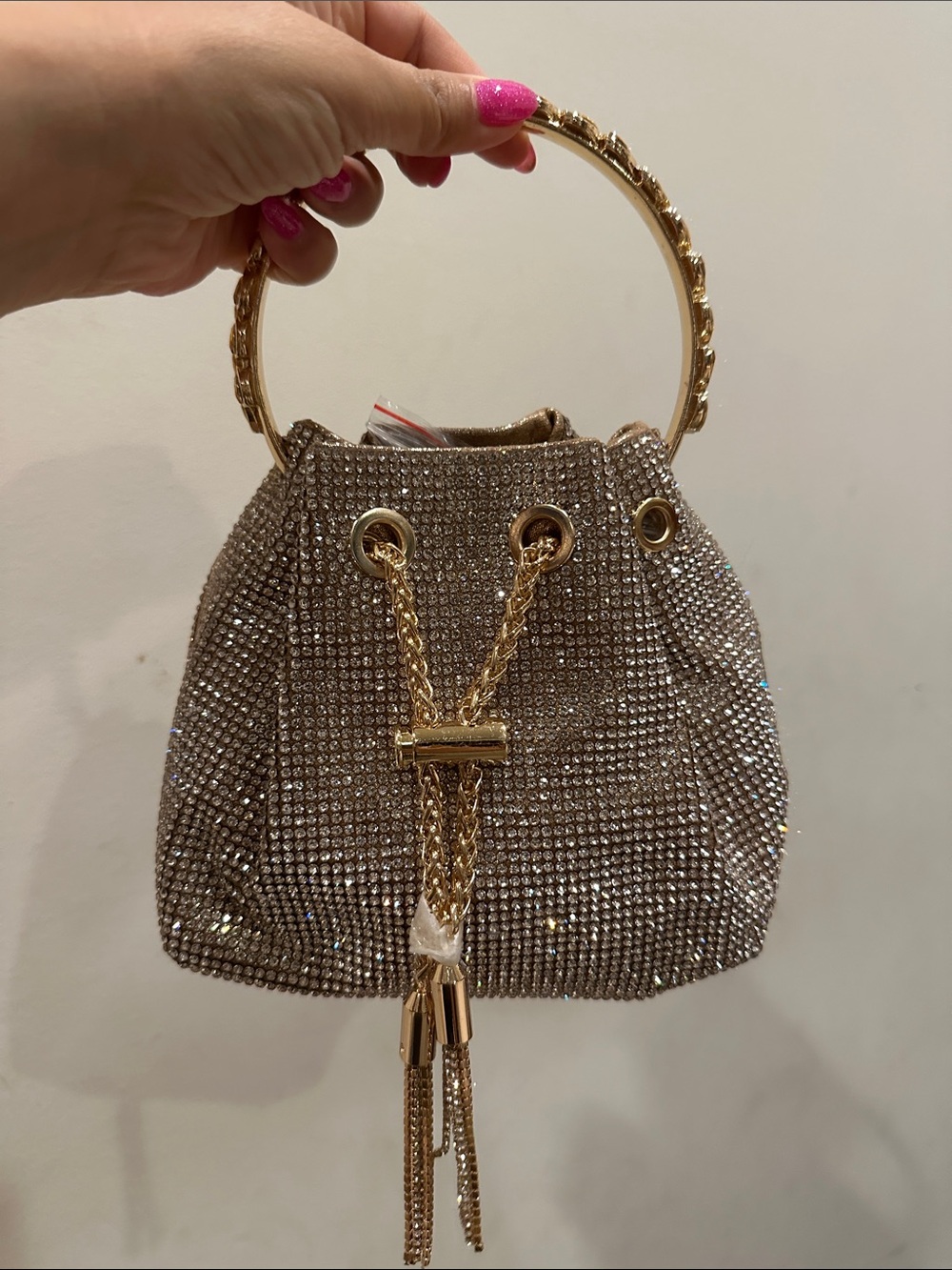 Gold Crystal-Embellished Drawstring Handbag